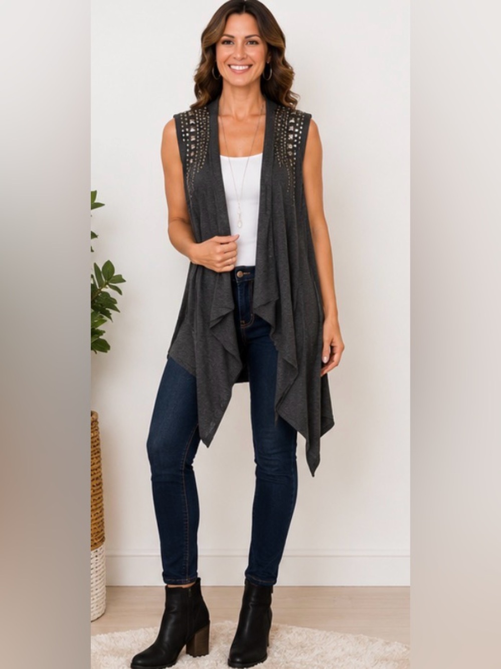576 Vocal Charcoal Gray Studded Sleeveless Open Tank